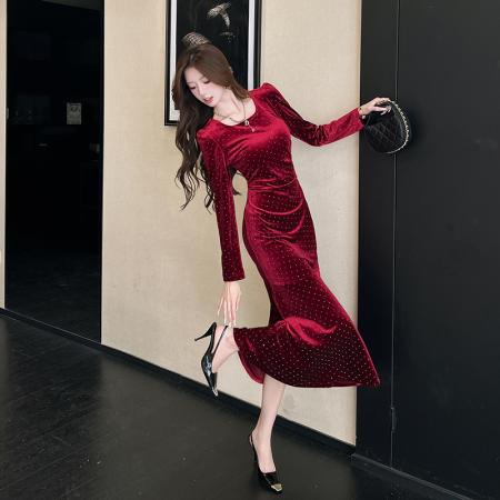 FA47997# 视频秋季长袖新款金丝绒长裙包臀连衣裙 服裝批發女裝批發服飾貨源