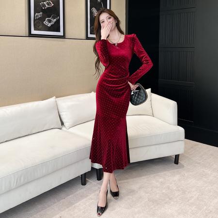 FA47997# 视频秋季长袖新款金丝绒长裙包臀连衣裙 服裝批發女裝批發服飾貨源