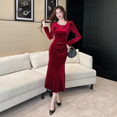 FA47997# 视频秋季长袖新款金丝绒长裙包臀连衣裙 服裝批發女裝批發服飾貨源