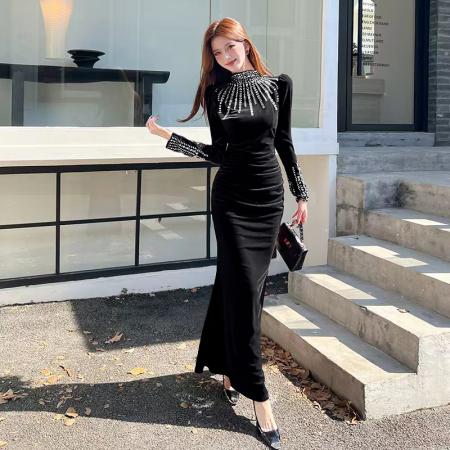 FA47998# 视频秋季时尚网红金丝绒烫钻长裙包臀连衣裙 服裝批發女裝批發服飾貨源