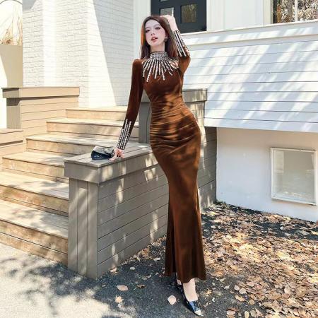 FA47998# 视频秋季时尚网红金丝绒烫钻长裙包臀连衣裙 服裝批發女裝批發服飾貨源