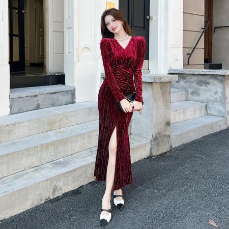 视频秋季时尚v领开叉长裙包臀连衣裙 服裝批發女裝批發服飾貨源