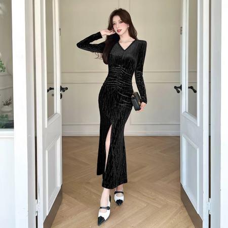 FA47999# 视频秋季时尚v领开叉长裙包臀连衣裙 服裝批發女裝批發服飾貨源