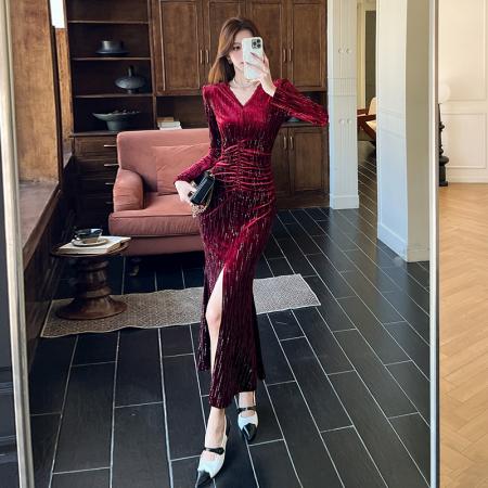 FA47999# 视频秋季时尚v领开叉长裙包臀连衣裙 服裝批發女裝批發服飾貨源