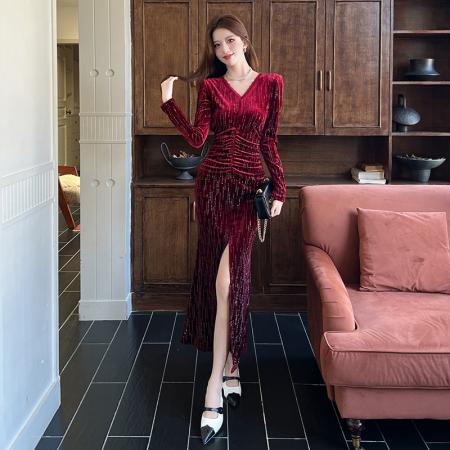 FA47999# 视频秋季时尚v领开叉长裙包臀连衣裙 服裝批發女裝批發服飾貨源