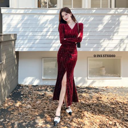 FA47999# 视频秋季时尚v领开叉长裙包臀连衣裙 服裝批發女裝批發服飾貨源