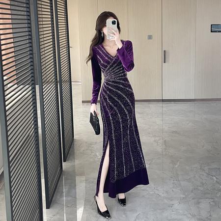 FA48000# 视频秋季新款洋气开叉弹力长裙包臀连衣裙 服裝批發女裝批發服飾貨源