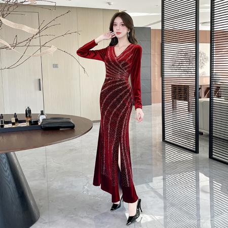 FA48000# 视频秋季新款洋气开叉弹力长裙包臀连衣裙 服裝批發女裝批發服飾貨源