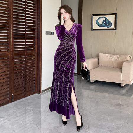 FA48000# 视频秋季新款洋气开叉弹力长裙包臀连衣裙 服裝批發女裝批發服飾貨源