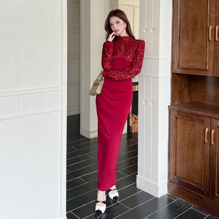 FA48003# 视频秋季新款亮片拼接长裙包臀连衣裙 服裝批發女裝批發服飾貨源