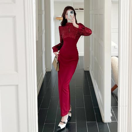 FA48003# 视频秋季新款亮片拼接长裙包臀连衣裙 服裝批發女裝批發服飾貨源