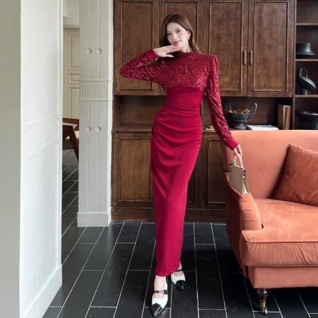 FA48003# 视频秋季新款亮片拼接长裙包臀连衣裙 服裝批發女裝批發服飾貨源