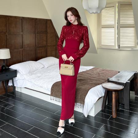 FA48003# 视频秋季新款亮片拼接长裙包臀连衣裙 服裝批發女裝批發服飾貨源