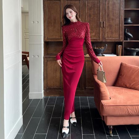 FA48003# 视频秋季新款亮片拼接长裙包臀连衣裙 服裝批發女裝批發服飾貨源