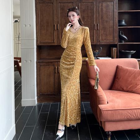 视频网红秋季时尚气质亮片v领长裙包臀连衣裙 服裝批發女裝批發服飾貨源