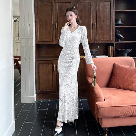 FA48004# 视频网红秋季时尚气质亮片v领长裙包臀连衣裙 服裝批發女裝批發服飾貨源