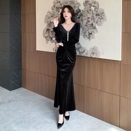 FA48006# 视频秋冬季新款金丝绒撞色钉钻长裙包臀连衣裙 服裝批發女裝批發服飾貨源