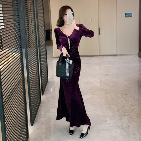 FA48006# 视频秋冬季新款金丝绒撞色钉钻长裙包臀连衣裙 服裝批發女裝批發服飾貨源