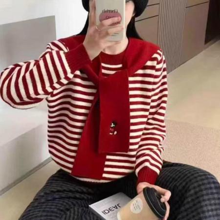 LN76376# 秋冬新款设计披肩针织毛衣两件套长袖针织衫宽松条纹时尚上衣