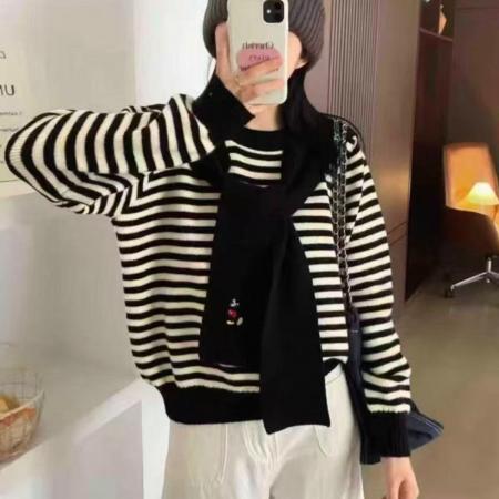 LN76376# 秋冬新款设计披肩针织毛衣两件套长袖针织衫宽松条纹时尚上衣