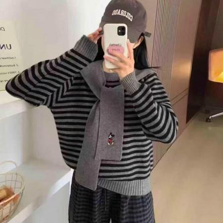 LN76376# 秋冬新款设计披肩针织毛衣两件套长袖针织衫宽松条纹时尚上衣