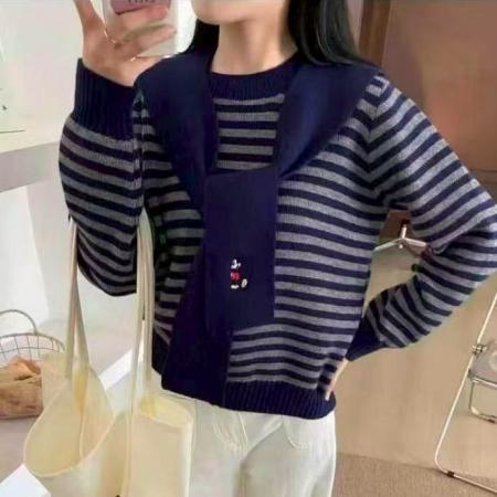 LN76376# 秋冬新款设计披肩针织毛衣两件套长袖针织衫宽松条纹时尚上衣