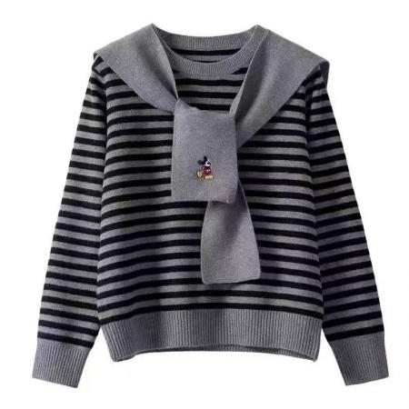 LN76376# 秋冬新款设计披肩针织毛衣两件套长袖针织衫宽松条纹时尚上衣