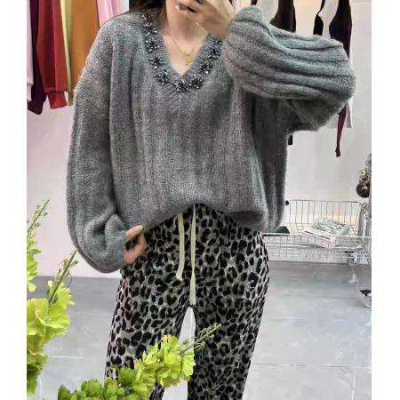 LN76377# 性感斜领露肩长袖针织衫女秋季毛毛拼接宽松套头毛衣慵懒百搭上衣