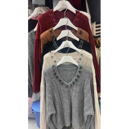 LN76377# 性感斜领露肩长袖针织衫女秋季毛毛拼接宽松套头毛衣慵懒百搭上衣