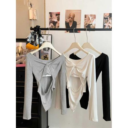 FA48010# 交叉露背连裆长袖T恤秋季新款黑色修身显瘦一字领上衣