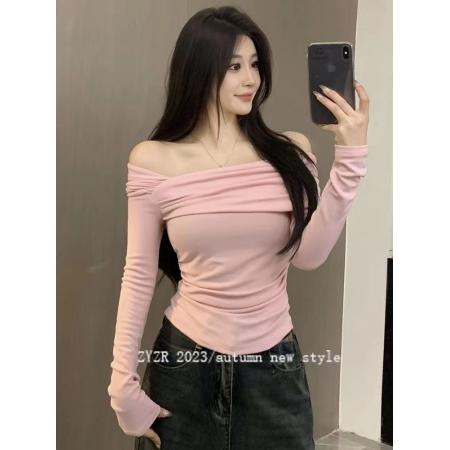 FA48011# 莫代尔人棉韩版一字领露肩长袖t恤女早秋显瘦上衣潮