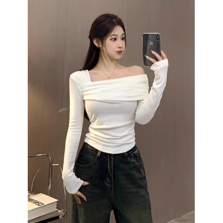 FA48011# 莫代尔人棉韩版一字领露肩长袖t恤女早秋显瘦上衣潮