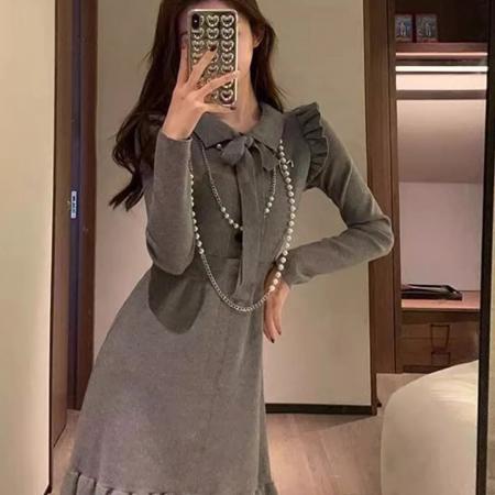 FA48013# 韩国高级设计感气质绝美系带绑带针织毛衣连衣裙秋冬小个子打底裙 服裝批發女裝批發服飾貨源