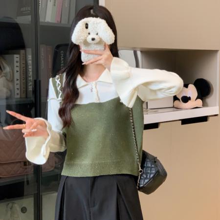 FA48018# 秋季新款设计感拼接针织衫女假两件洋气温柔短毛衣上衣 服裝批發女裝批發服飾貨源
