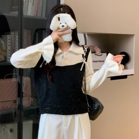 FA48018# 秋季新款设计感拼接针织衫女假两件洋气温柔短毛衣上衣 服裝批發女裝批發服飾貨源
