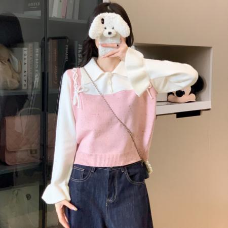 FA48018# 秋季新款设计感拼接针织衫女假两件洋气温柔短毛衣上衣 服裝批發女裝批發服飾貨源