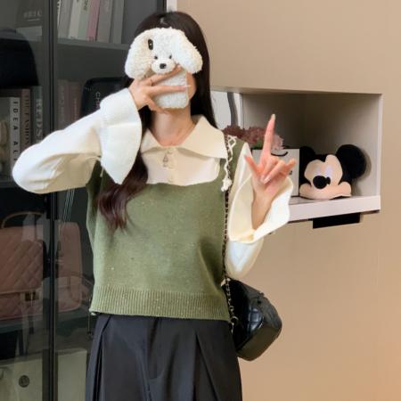 FA48018# 秋季新款设计感拼接针织衫女假两件洋气温柔短毛衣上衣 服裝批發女裝批發服飾貨源