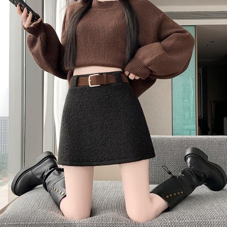 FA48019# 羊毛卷半身裙秋冬小个子高腰a字防走光辣妹包臀减龄短裙 服裝批發女裝批發服飾貨源
