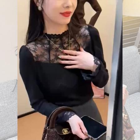 FA48020# 法式半高领镂空蕾丝拼接内搭女秋冬款高级感气质百搭显瘦上衣 服裝批發女裝批發服飾貨源