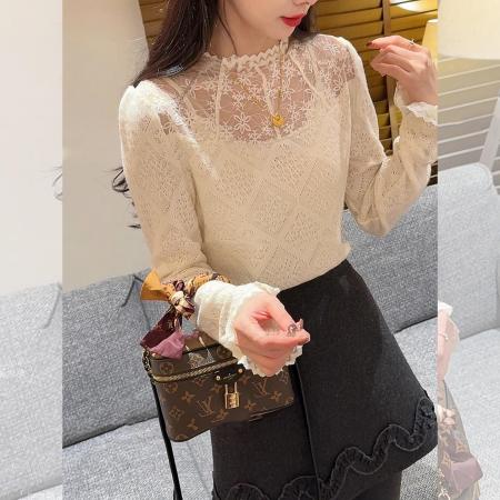 FA48020# 法式半高领镂空蕾丝拼接内搭女秋冬款高级感气质百搭显瘦上衣 服裝批發女裝批發服飾貨源