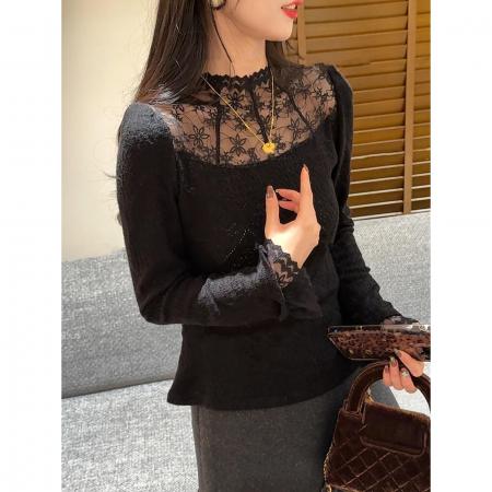 FA48020# 法式半高领镂空蕾丝拼接内搭女秋冬款高级感气质百搭显瘦上衣 服裝批發女裝批發服飾貨源