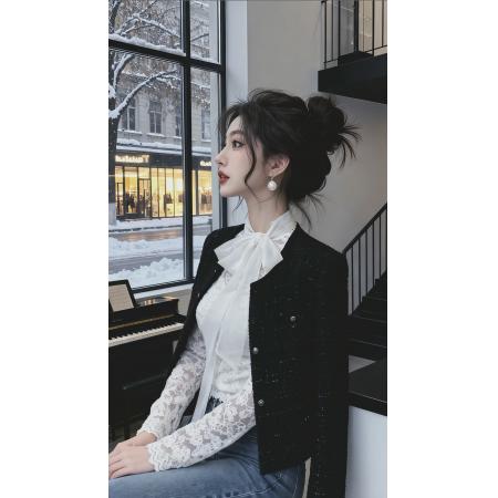 FA48022# 秋冬新款法式名媛气质甜美蝴蝶结系带长袖蕾丝衫女温柔风上衣 服裝批發女裝批發服飾貨源