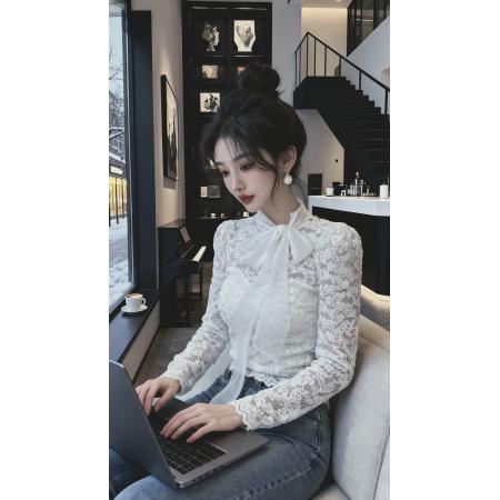 FA48022# 秋冬新款法式名媛气质甜美蝴蝶结系带长袖蕾丝衫女温柔风上衣 服裝批發女裝批發服飾貨源