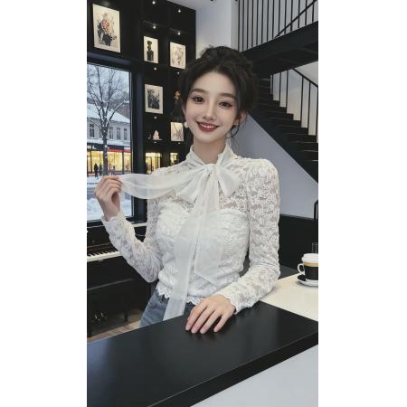 FA48022# 秋冬新款法式名媛气质甜美蝴蝶结系带长袖蕾丝衫女温柔风上衣 服裝批發女裝批發服飾貨源