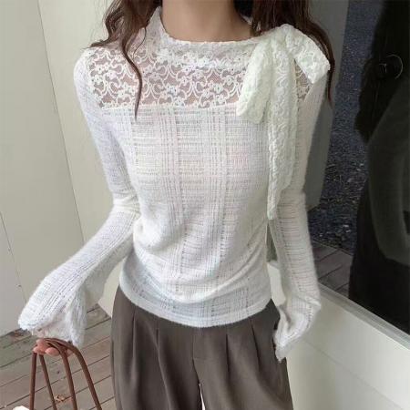 FA48023# 内搭打底衫女秋新款高级感蕾丝修身t恤长袖独特绝美上衣 服裝批發女裝批發服飾貨源