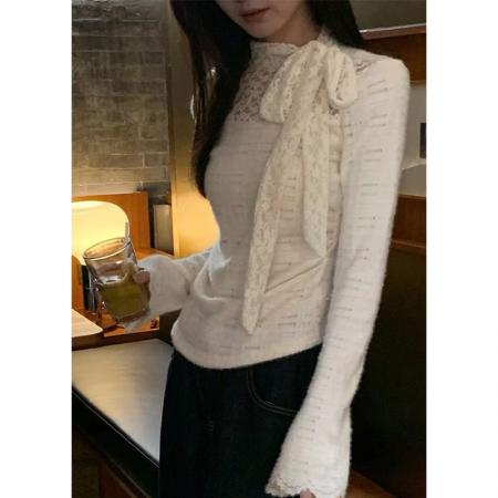 FA48023# 内搭打底衫女秋新款高级感蕾丝修身t恤长袖独特绝美上衣 服裝批發女裝批發服飾貨源