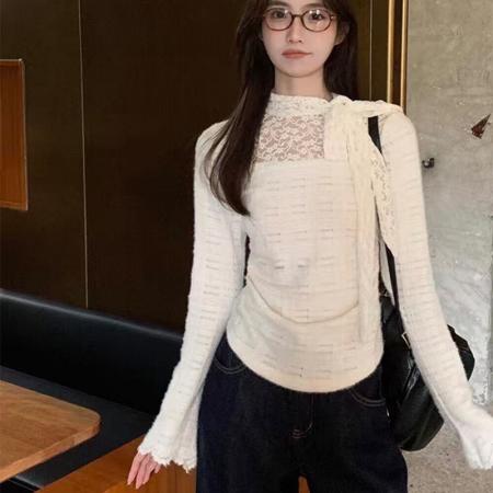 FA48023# 内搭打底衫女秋新款高级感蕾丝修身t恤长袖独特绝美上衣 服裝批發女裝批發服飾貨源