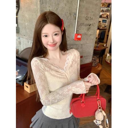 FA48024# 原版面料纯欲性感v领镂空上衣女秋冬小香风蕾丝打底衫内搭 服裝批發女裝批發服飾貨源