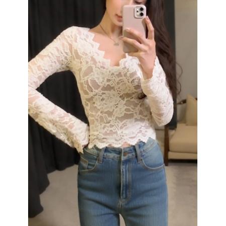 FA48025# 加绒V领性感带胸垫蕾丝打底衫女秋冬辣妹风修身长袖内搭上衣 服裝批發女裝批發服飾貨源