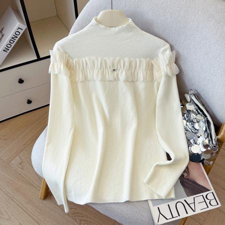 FA48032# 秋冬高领雪纺褶皱压褶花边针织打底衫女长袖内搭外穿上衣 服裝批發女裝批發服飾貨源